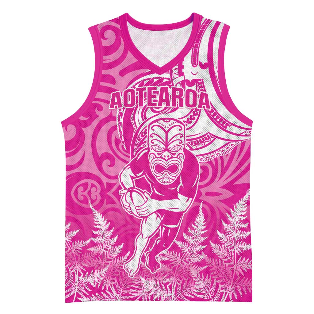 New Zealand Silver Fern Rugby All Pink Basketball Jersey Maori Tiki Player With Ta Moko Tribal LT01 Unisex Pink - Polynesian Pride