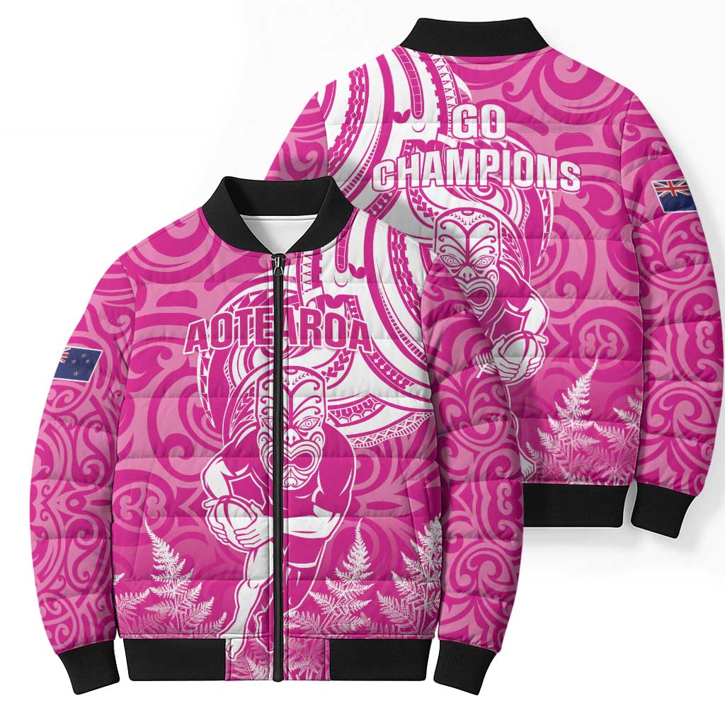New Zealand Silver Fern Rugby All Pink Bomber Puffer Jacket Maori Tiki Player With Ta Moko Tribal LT01 - Polynesian Pride