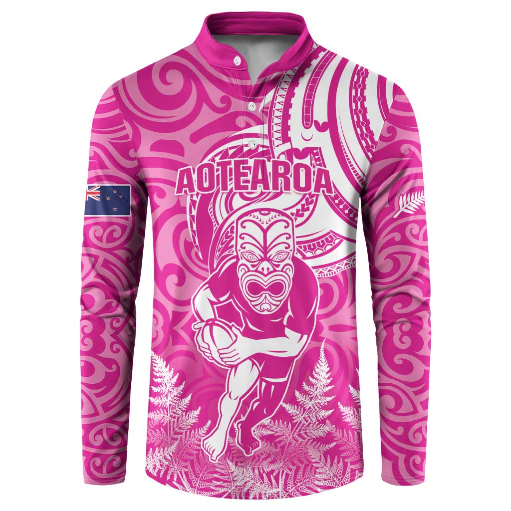 New Zealand Silver Fern Rugby All Pink Button Sweatshirt Maori Tiki Player With Ta Moko Tribal LT01 Pink - Polynesian Pride