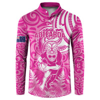 New Zealand Silver Fern Rugby All Pink Button Sweatshirt Maori Tiki Player With Ta Moko Tribal LT01 Pink - Polynesian Pride