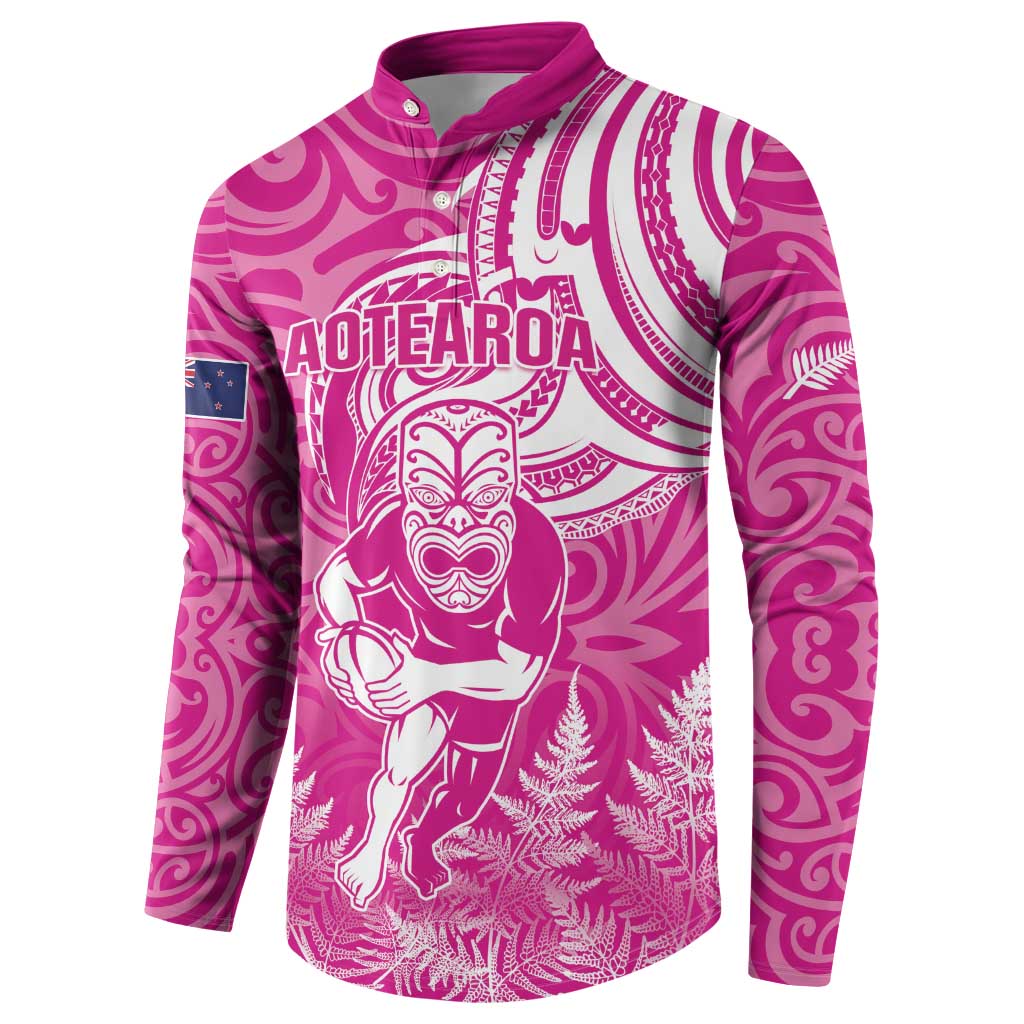 New Zealand Silver Fern Rugby All Pink Button Sweatshirt Maori Tiki Player With Ta Moko Tribal LT01 - Polynesian Pride