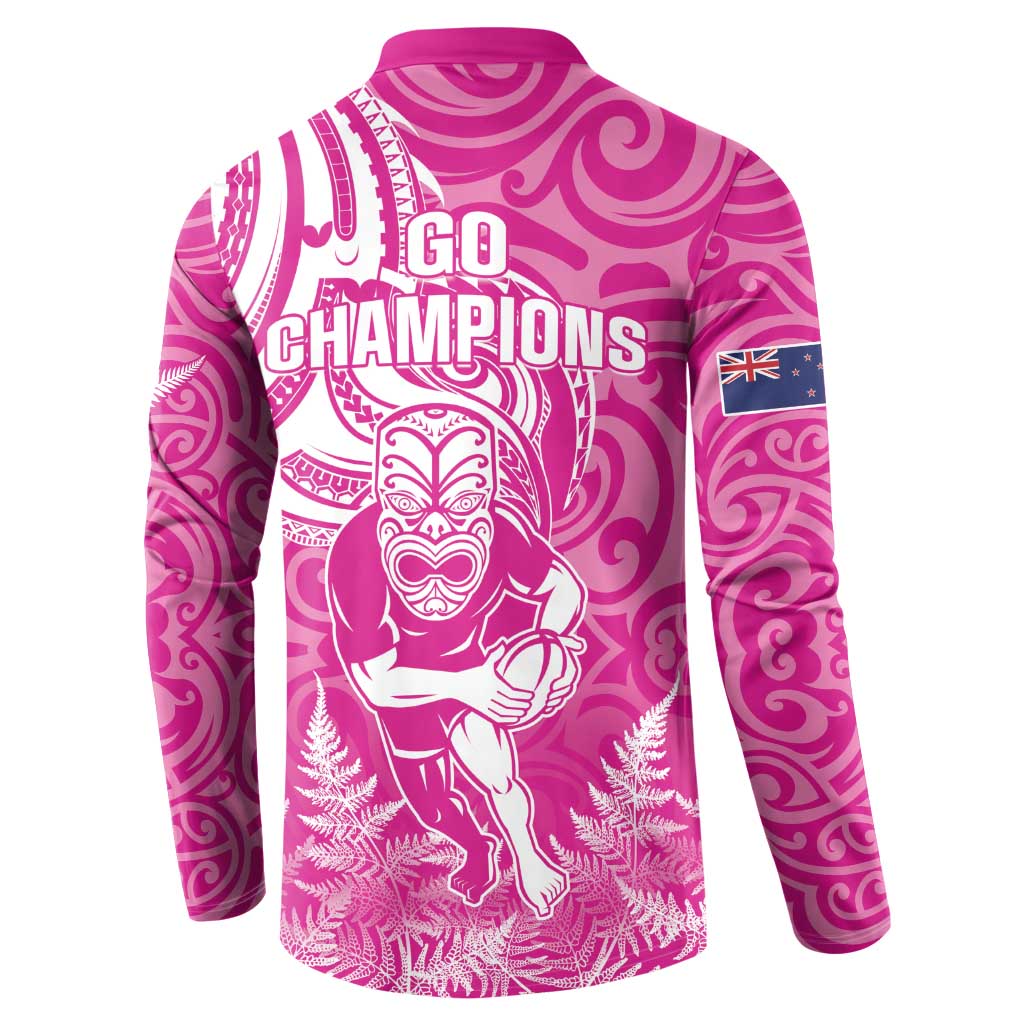 New Zealand Silver Fern Rugby All Pink Button Sweatshirt Maori Tiki Player With Ta Moko Tribal LT01 - Polynesian Pride