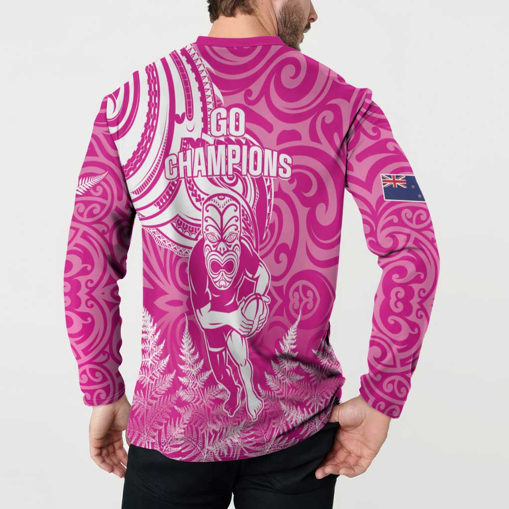 New Zealand Silver Fern Rugby All Pink Button Sweatshirt Maori Tiki Player With Ta Moko Tribal LT01 - Polynesian Pride