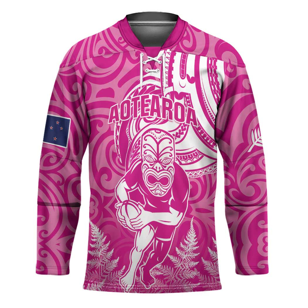 New Zealand Silver Fern Rugby All Pink Hockey Jersey Maori Tiki Player With Ta Moko Tribal LT01 Unisex Pink - Polynesian Pride
