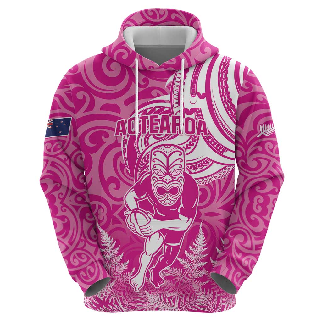 New Zealand Silver Fern Rugby All Pink Hoodie Maori Tiki Player With Ta Moko Tribal - Polynesian Pride