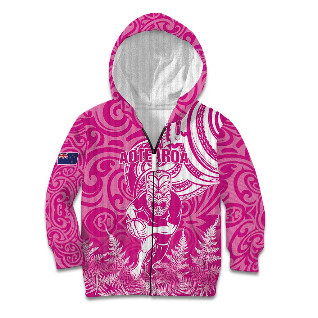 New Zealand Silver Fern Rugby All Pink Kid Hoodie Maori Tiki Player With Ta Moko Tribal LT01 Zip Hoodie Pink - Polynesian Pride