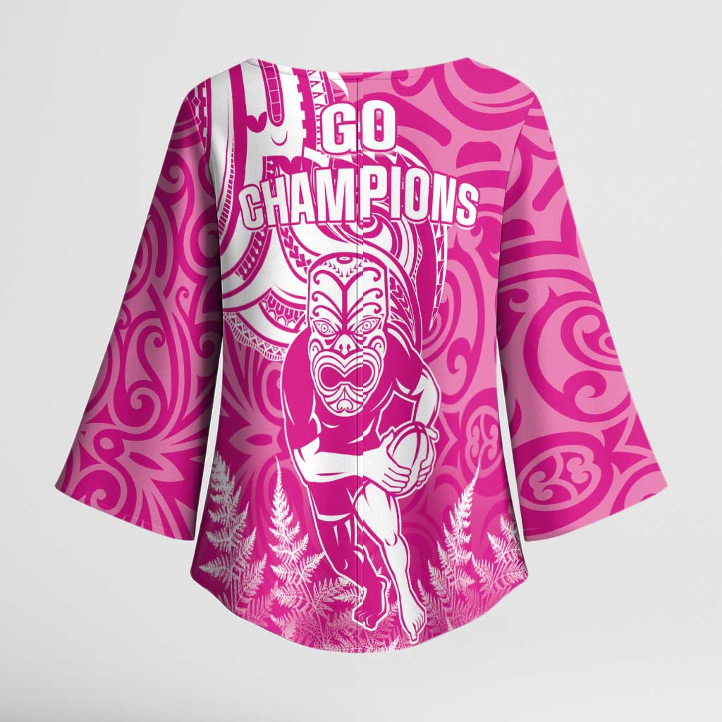 New Zealand Silver Fern Rugby All Pink Kimono Sleeve Blouse Maori Tiki Player With Ta Moko Tribal LT01 - Polynesian Pride