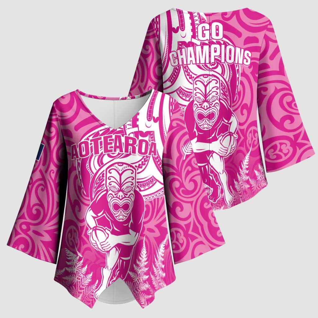 New Zealand Silver Fern Rugby All Pink Kimono Sleeve Blouse Maori Tiki Player With Ta Moko Tribal LT01 - Polynesian Pride