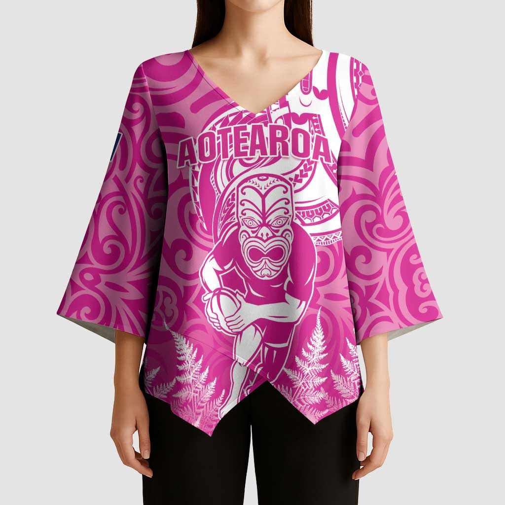 New Zealand Silver Fern Rugby All Pink Kimono Sleeve Blouse Maori Tiki Player With Ta Moko Tribal LT01 - Polynesian Pride
