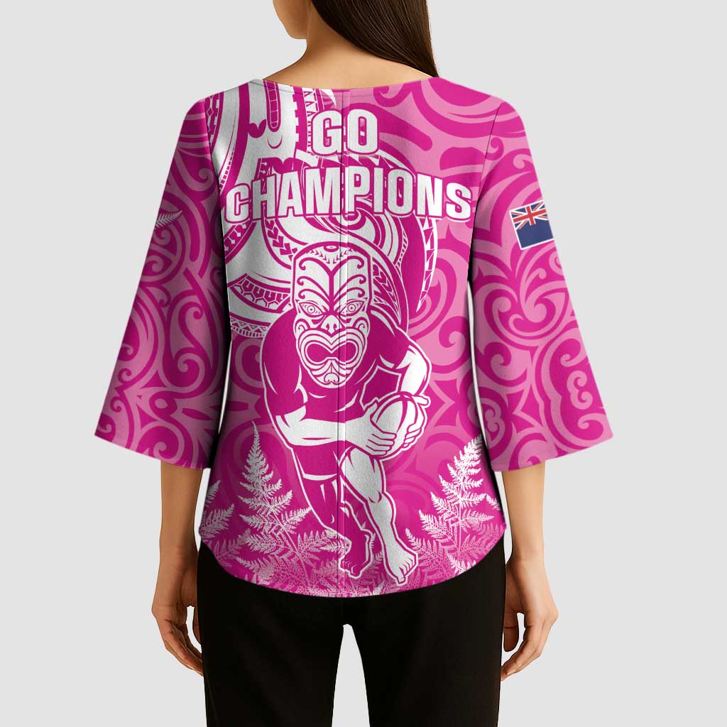 New Zealand Silver Fern Rugby All Pink Kimono Sleeve Blouse Maori Tiki Player With Ta Moko Tribal LT01 - Polynesian Pride