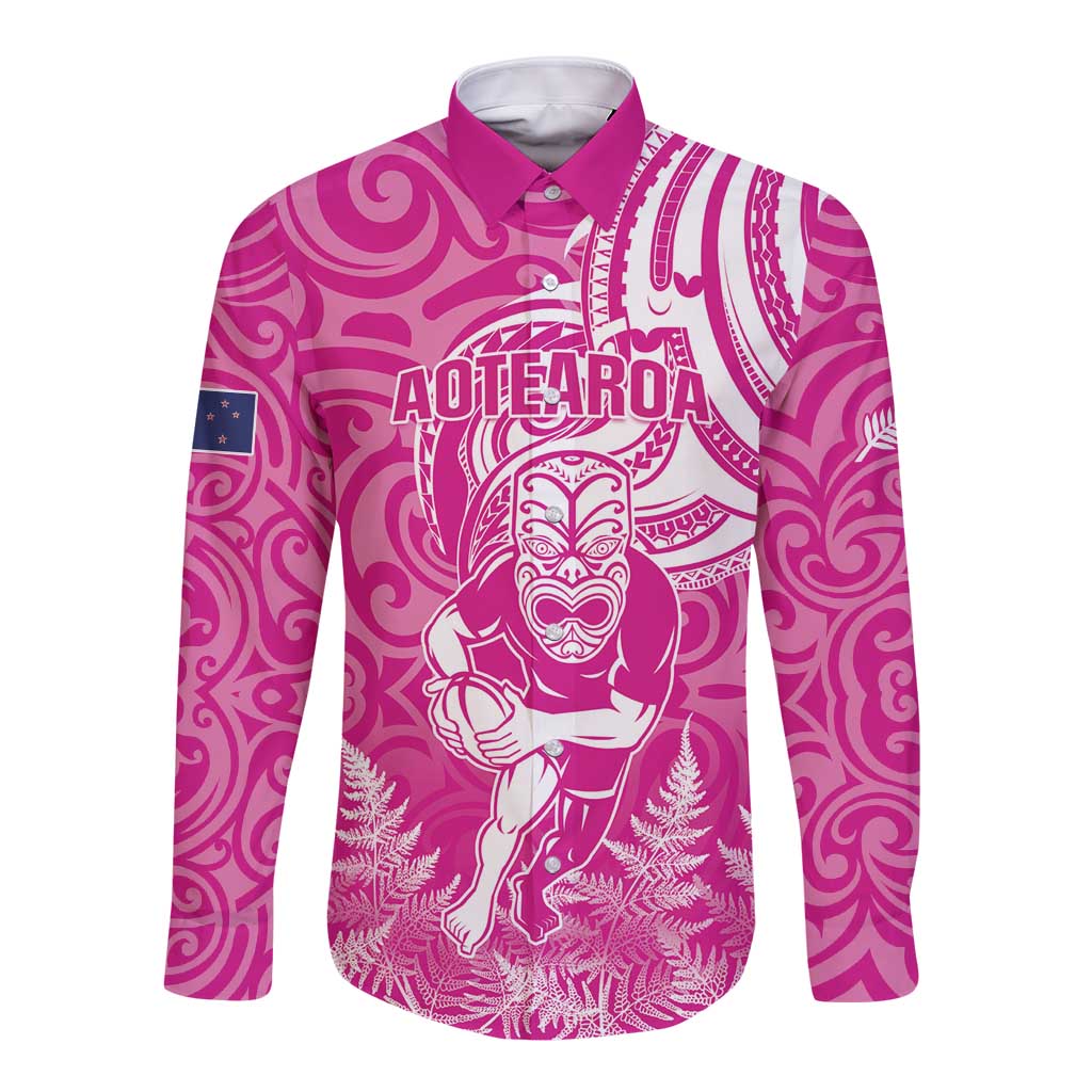 New Zealand Silver Fern Rugby All Pink Long Sleeve Button Shirt Maori Tiki Player With Ta Moko Tribal LT01 Unisex Pink - Polynesian Pride