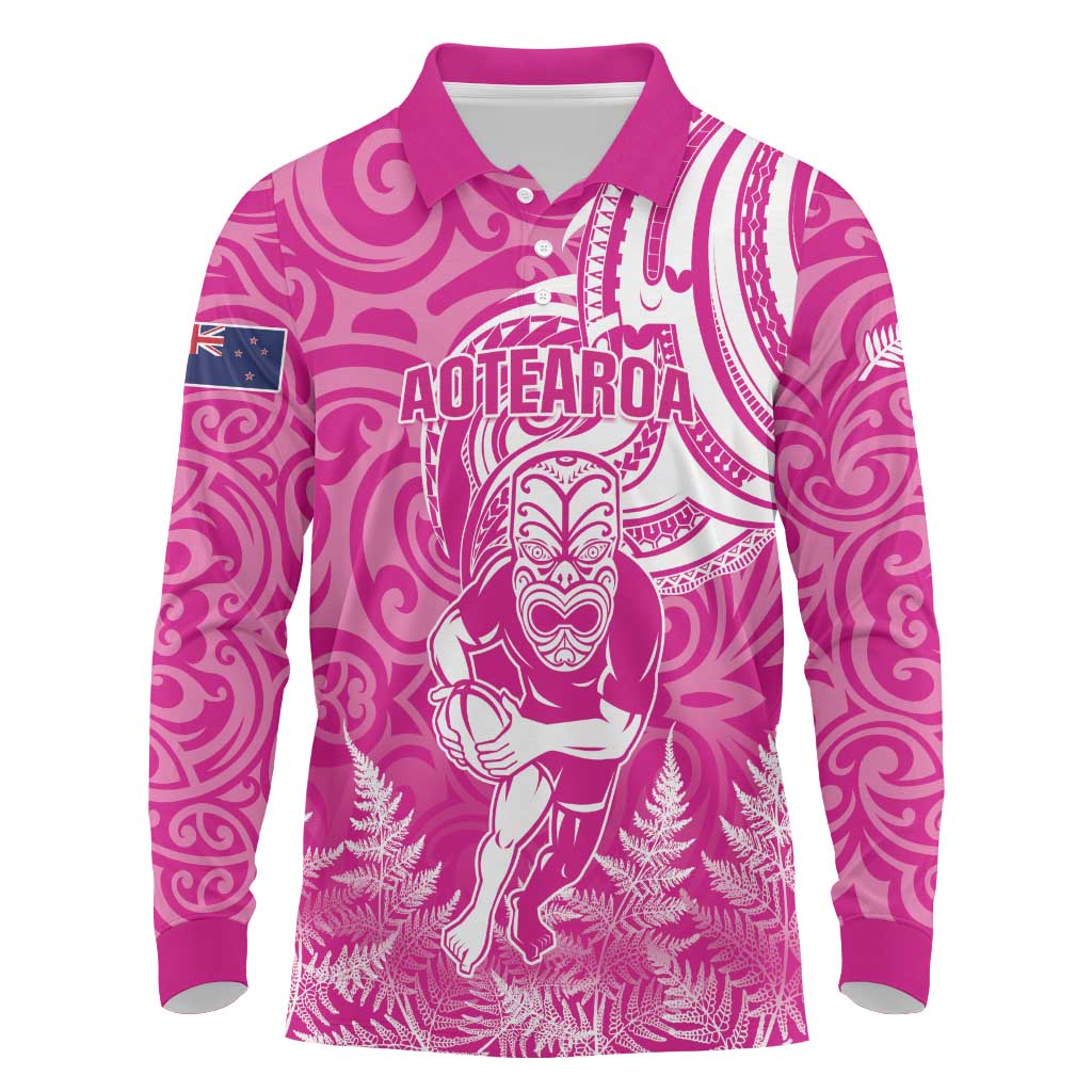 New Zealand Silver Fern Rugby All Pink Long Sleeve Polo Shirt Maori Tiki Player With Ta Moko Tribal LT01 Pink - Polynesian Pride