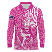 New Zealand Silver Fern Rugby All Pink Long Sleeve Polo Shirt Maori Tiki Player With Ta Moko Tribal LT01 Pink - Polynesian Pride