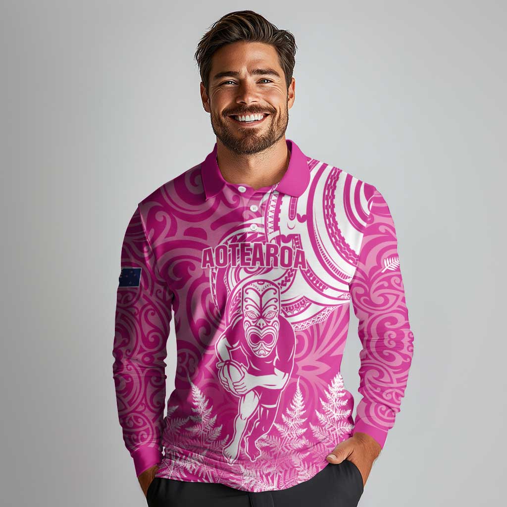 New Zealand Silver Fern Rugby All Pink Long Sleeve Polo Shirt Maori Tiki Player With Ta Moko Tribal LT01 - Polynesian Pride