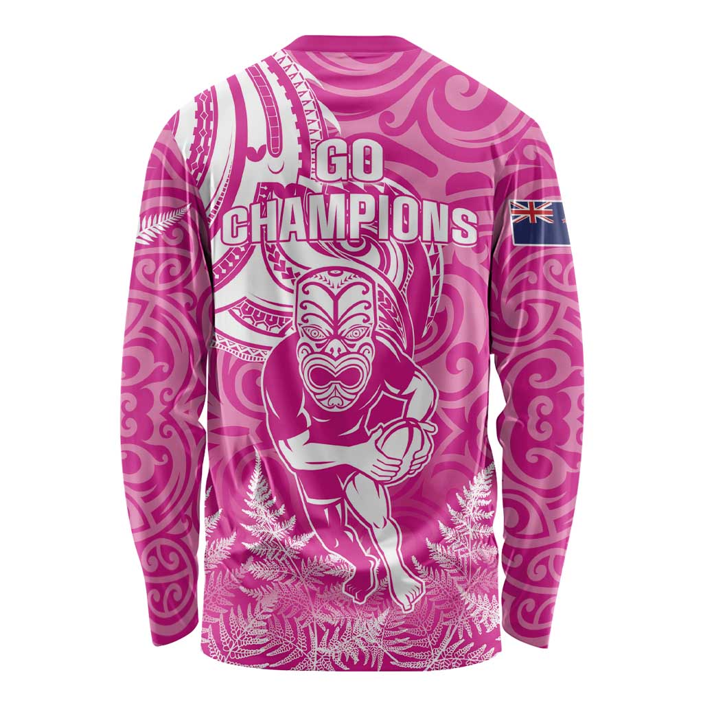 New Zealand Silver Fern Rugby All Pink Long Sleeve Shirt Maori Tiki Player With Ta Moko Tribal LT01 - Polynesian Pride