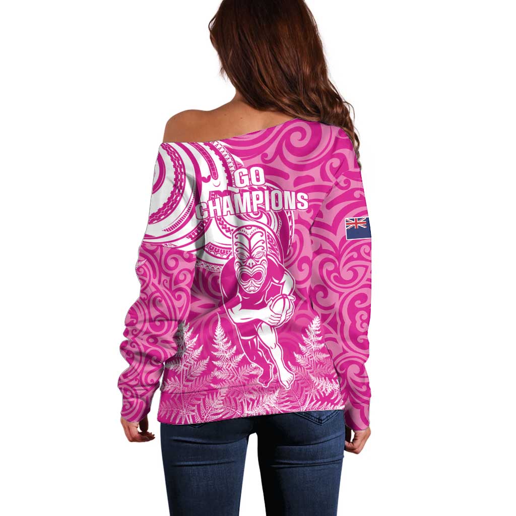 New Zealand Silver Fern Rugby All Pink Off Shoulder Sweater Maori Tiki Player With Ta Moko Tribal LT01 - Polynesian Pride