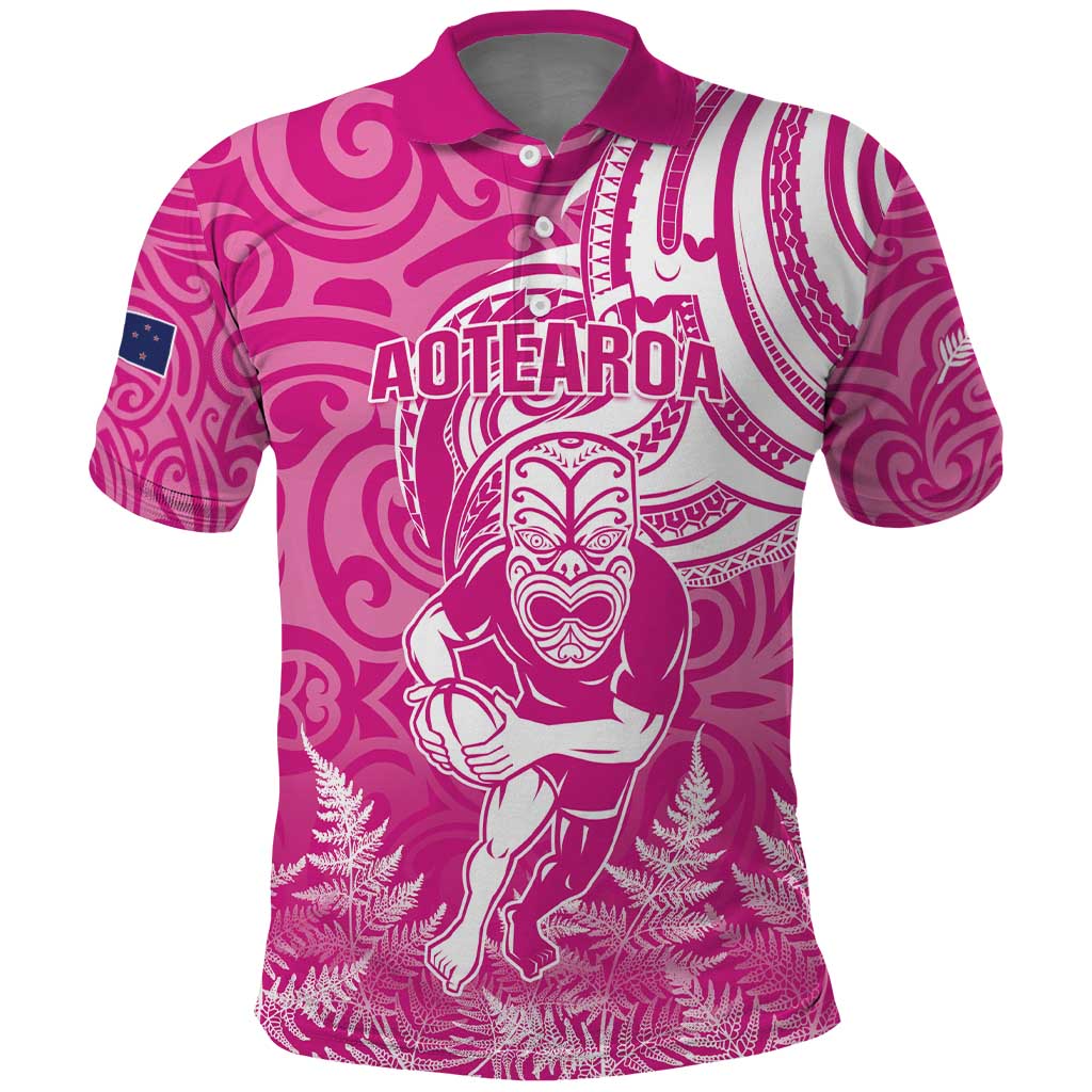 New Zealand Silver Fern Rugby All Pink Polo Shirt Maori Tiki Player With Ta Moko Tribal LT01 Pink - Polynesian Pride
