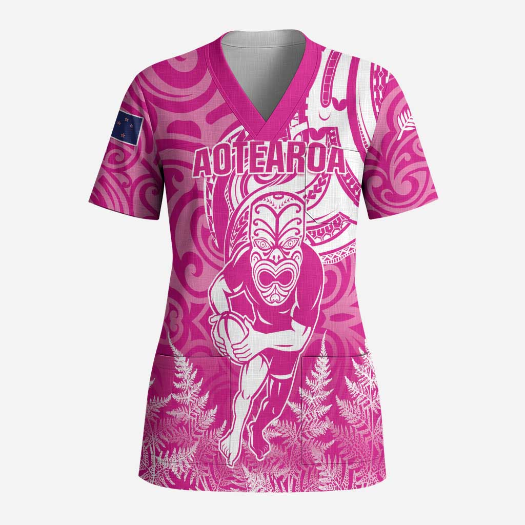 New Zealand Silver Fern Rugby All Pink Scrub Top Maori Tiki Player With Ta Moko Tribal LT01 Adult Pink - Polynesian Pride