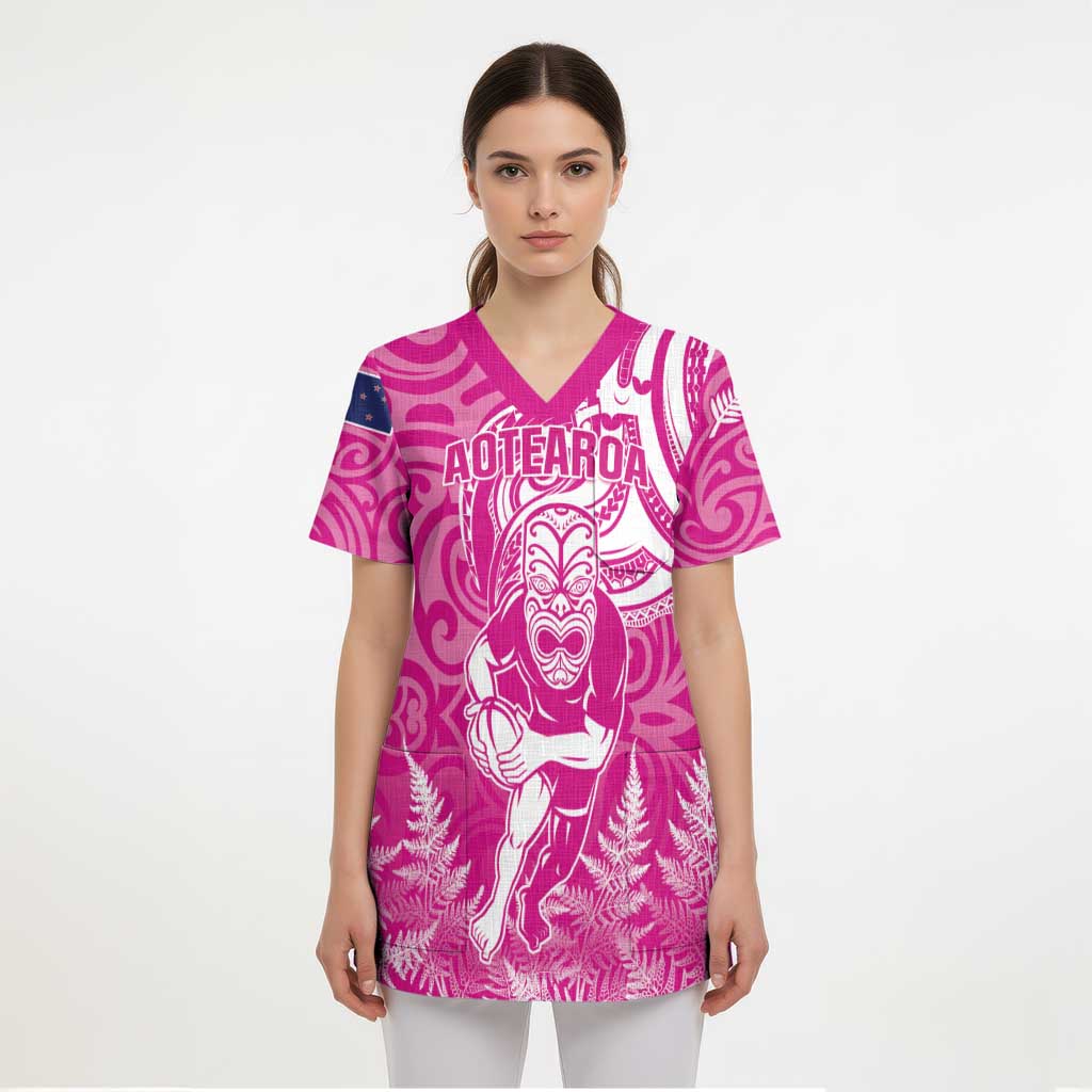 New Zealand Silver Fern Rugby All Pink Scrub Top Maori Tiki Player With Ta Moko Tribal LT01 - Polynesian Pride