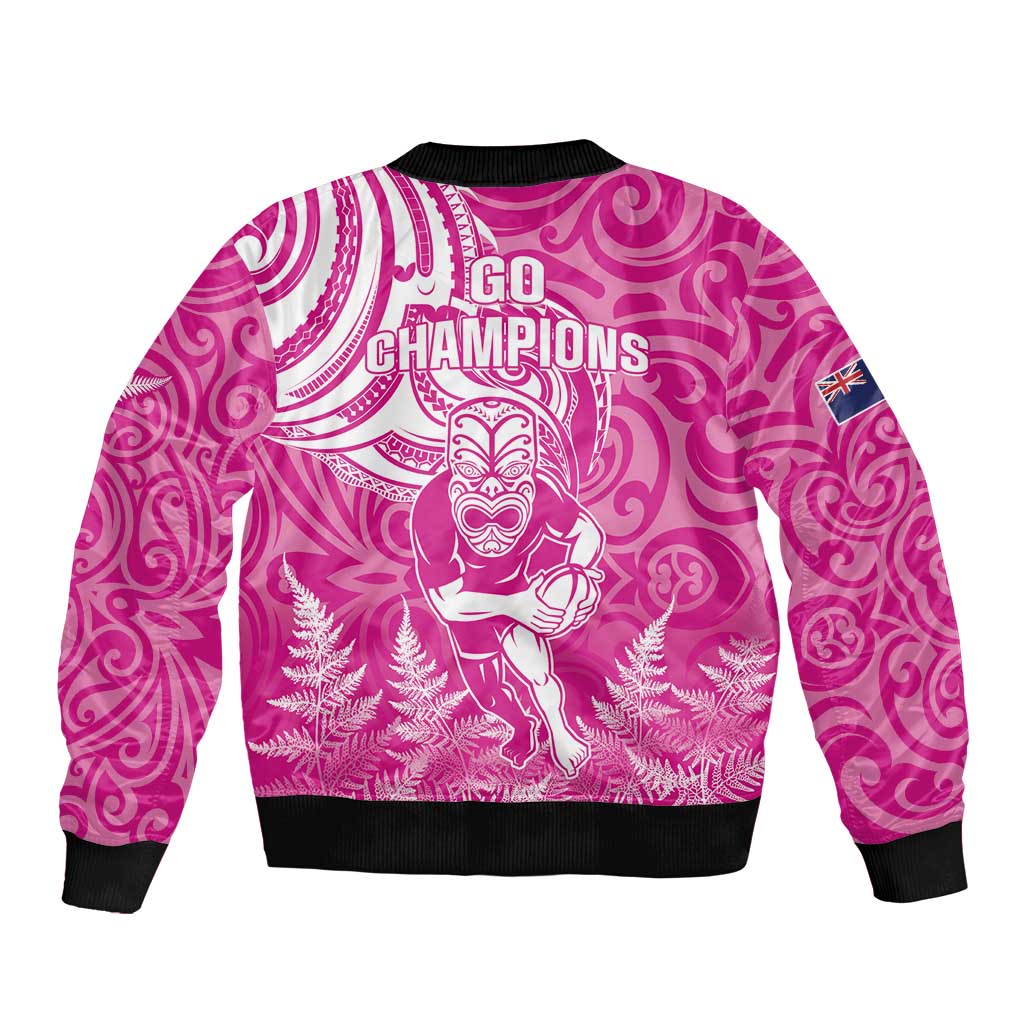 New Zealand Silver Fern Rugby All Pink Sleeve Zip Bomber Jacket Maori Tiki Player With Ta Moko Tribal LT01 - Polynesian Pride
