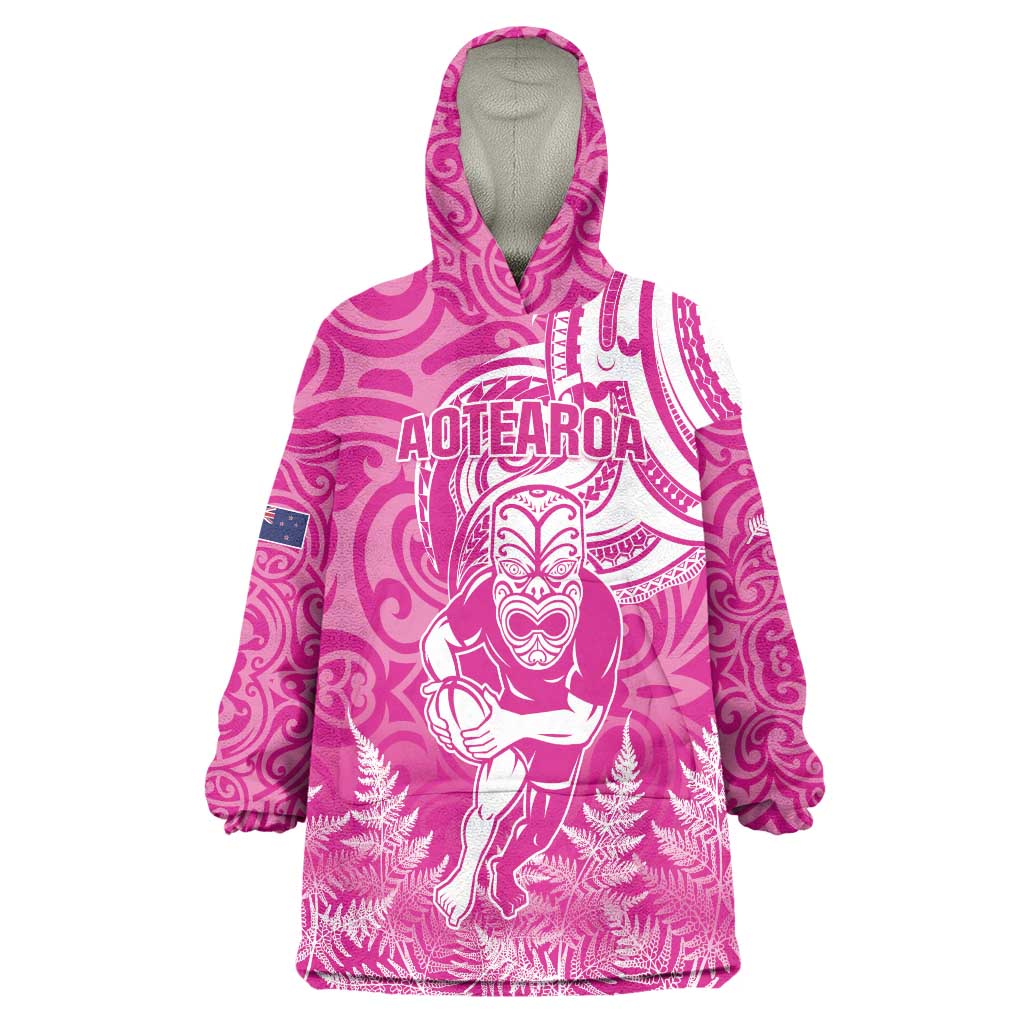 New Zealand Silver Fern Rugby All Pink Wearable Blanket Hoodie Maori Tiki Player With Ta Moko Tribal LT01 One Size Pink - Polynesian Pride