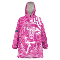 New Zealand Silver Fern Rugby All Pink Wearable Blanket Hoodie Maori Tiki Player With Ta Moko Tribal LT01 One Size Pink - Polynesian Pride