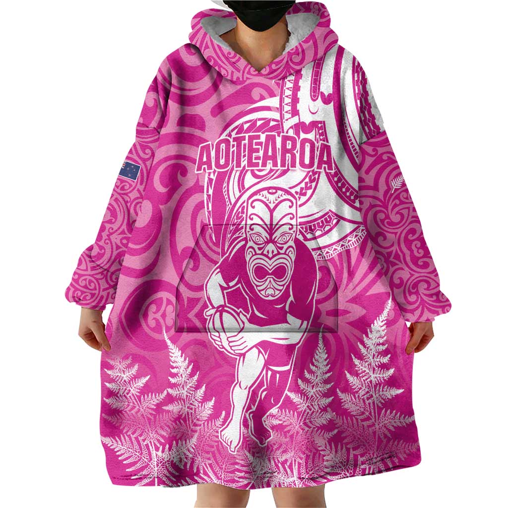 New Zealand Silver Fern Rugby All Pink Wearable Blanket Hoodie Maori Tiki Player With Ta Moko Tribal LT01 - Polynesian Pride