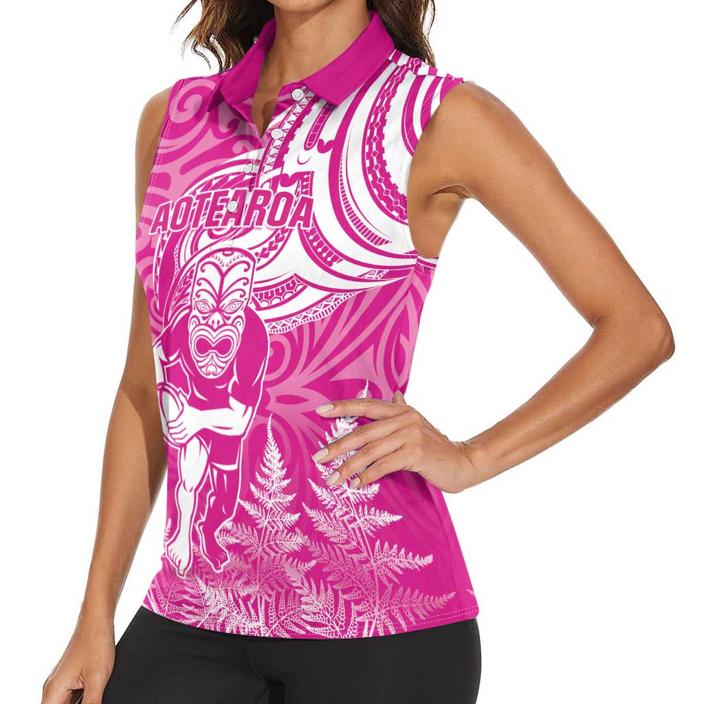 New Zealand Silver Fern Rugby All Pink Women Sleeveless Polo Shirt Maori Tiki Player With Ta Moko Tribal LT01 - Polynesian Pride
