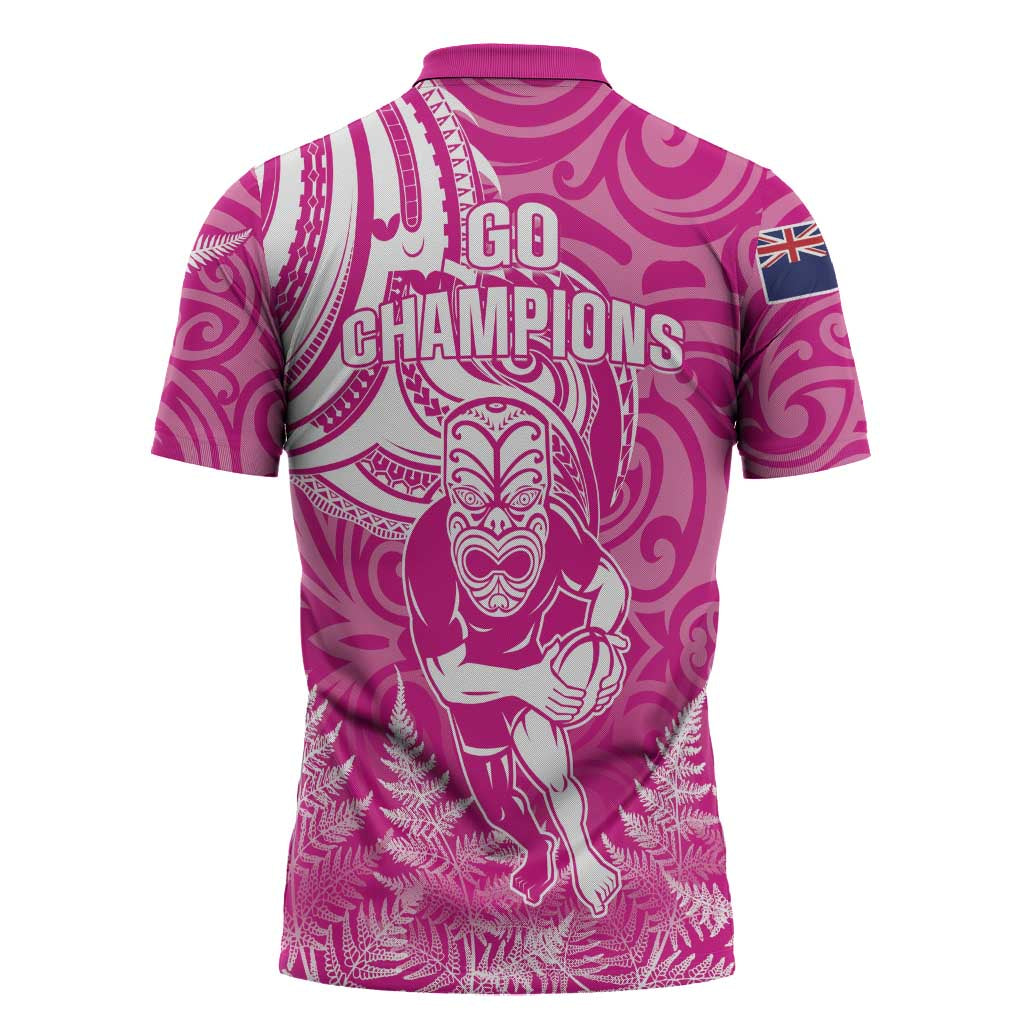 New Zealand Silver Fern Rugby All Pink Zipper Polo Shirt Maori Tiki Player With Ta Moko Tribal LT01 - Polynesian Pride