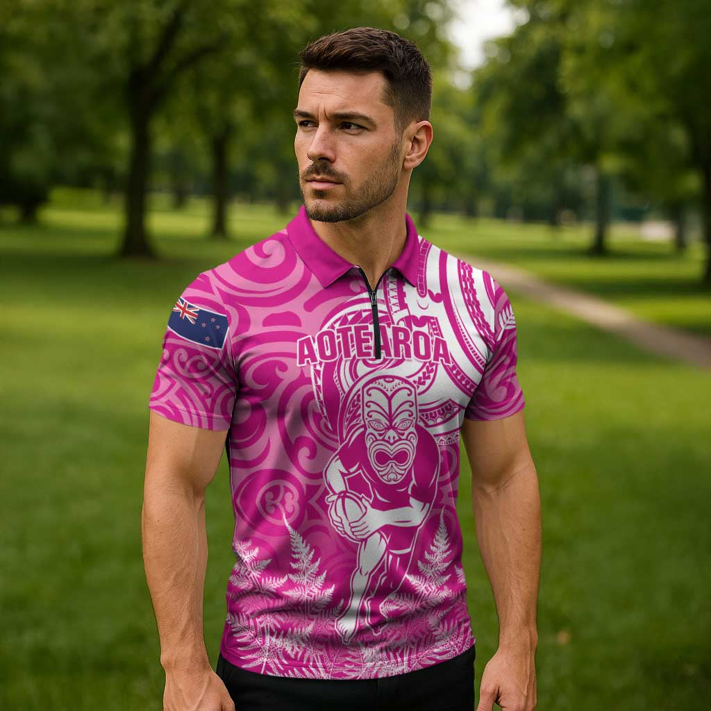 New Zealand Silver Fern Rugby All Pink Zipper Polo Shirt Maori Tiki Player With Ta Moko Tribal LT01 - Polynesian Pride