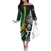 Custom New Zealand and South Africa Rugby Off The Shoulder Long Sleeve Dress Silver Fern Protea Pattern World Cup 2023 LT01 Women Art - Polynesian Pride