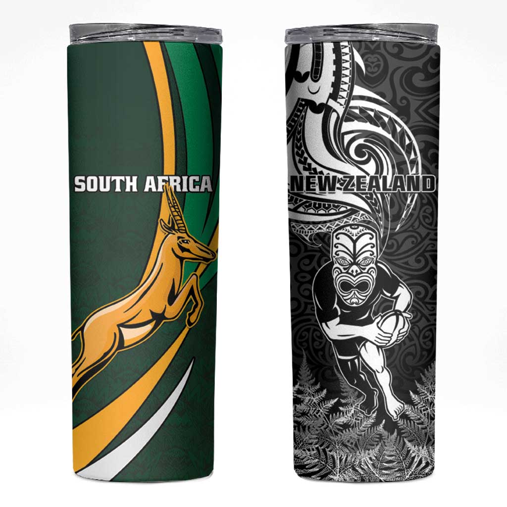 New Zealand and South Africa Rugby Skinny Tumbler Silver Fern Protea Pattern LT01 Art - Polynesian Pride