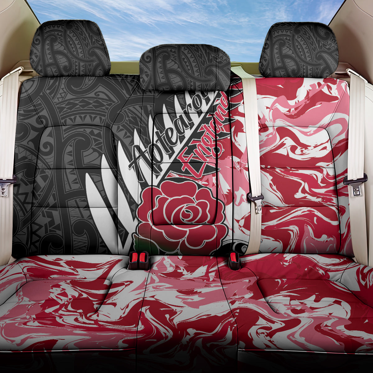 New Zealand and England Rugby Back Car Seat Cover Silver Fern With Red Rose World Cup 2023 LT01 One Size Art - Polynesian Pride