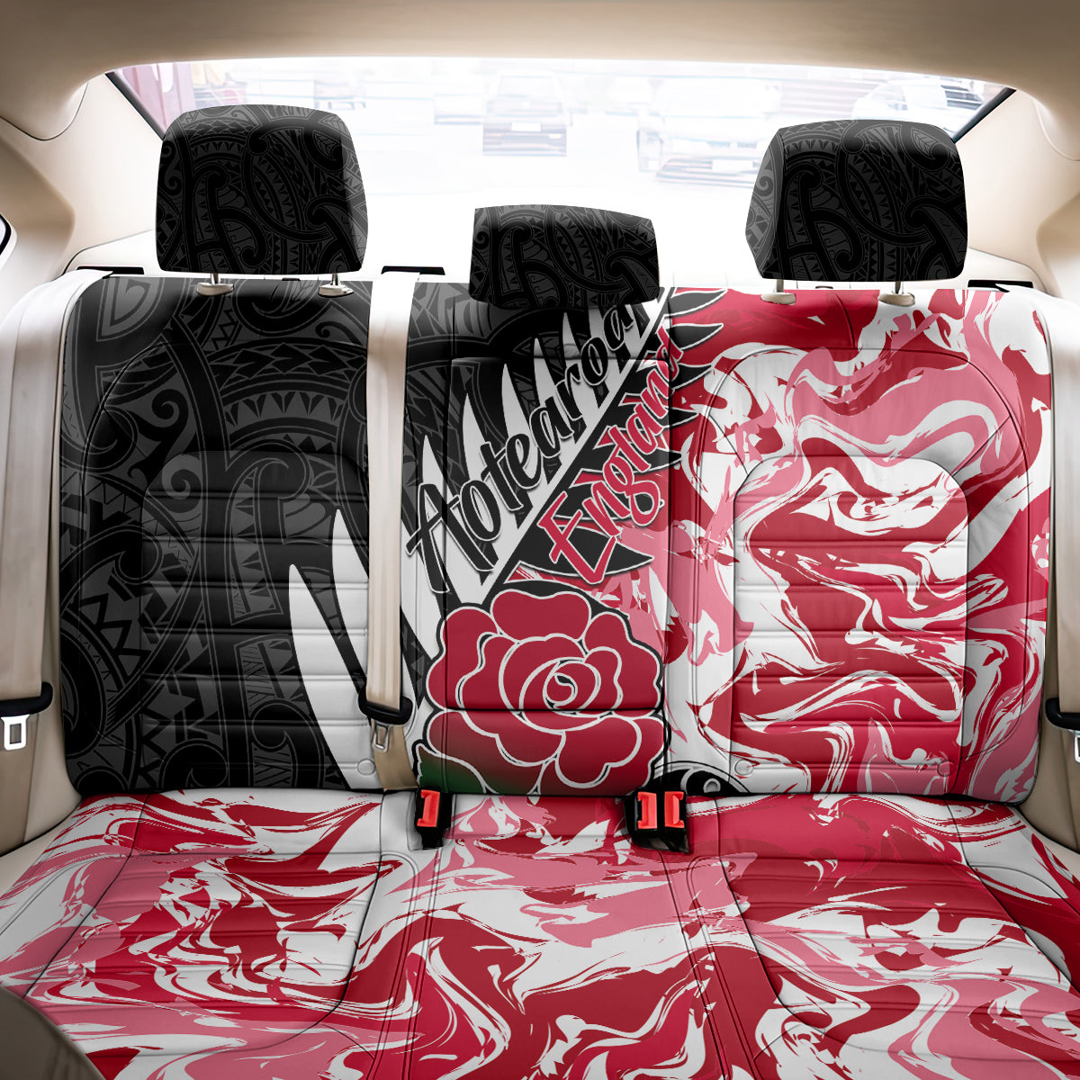 New Zealand and England Rugby Back Car Seat Cover Silver Fern With Red Rose World Cup 2023 LT01 - Polynesian Pride