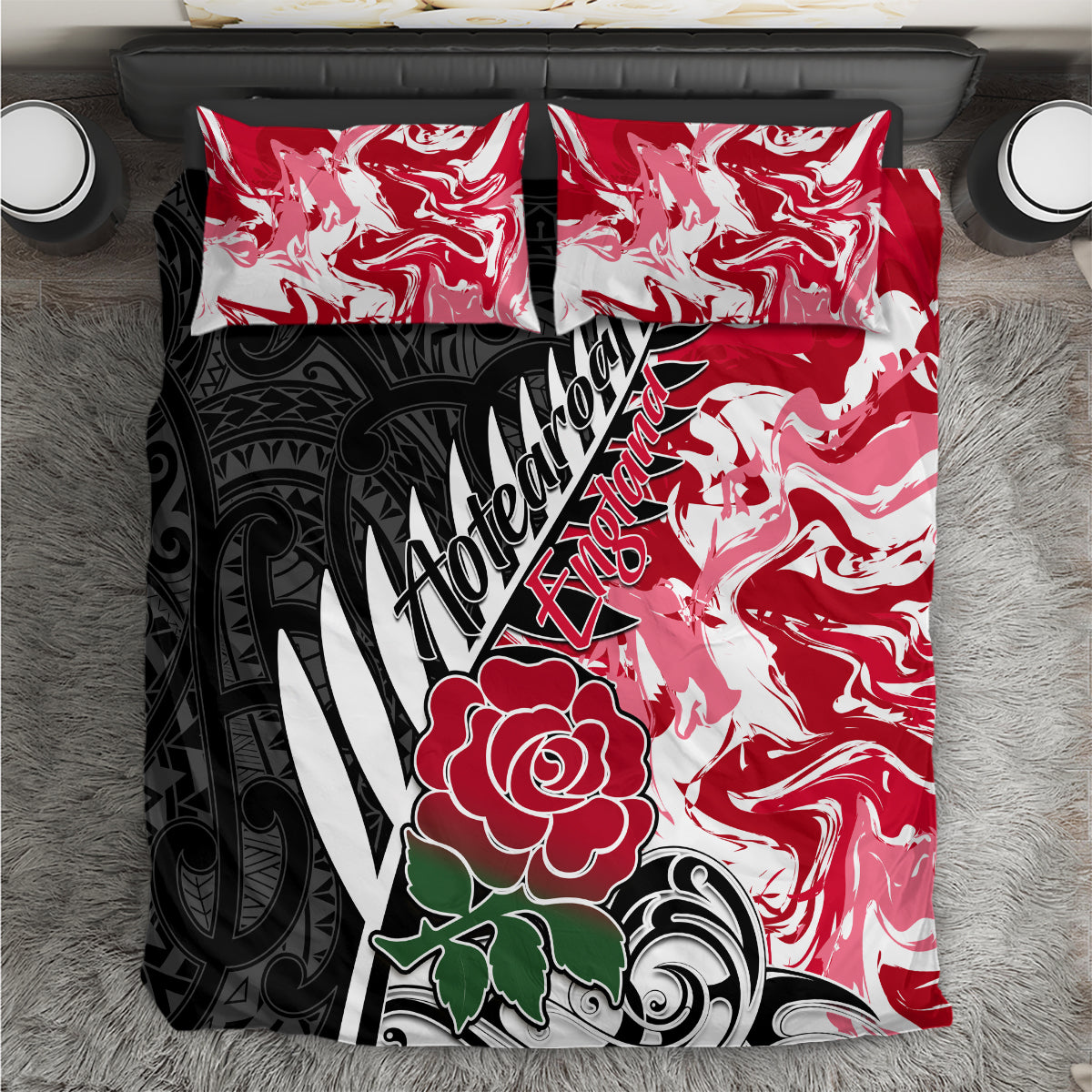 New Zealand and England Rugby Bedding Set Silver Fern With Red Rose World Cup 2023 LT01 Art - Polynesian Pride