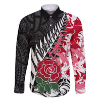 Custom New Zealand and England Rugby Family Matching Mermaid Dress and Hawaiian Shirt Silver Fern With Red Rose World Cup 2023 LT01 Dad's Shirt - Long Sleeve Art - Polynesian Pride