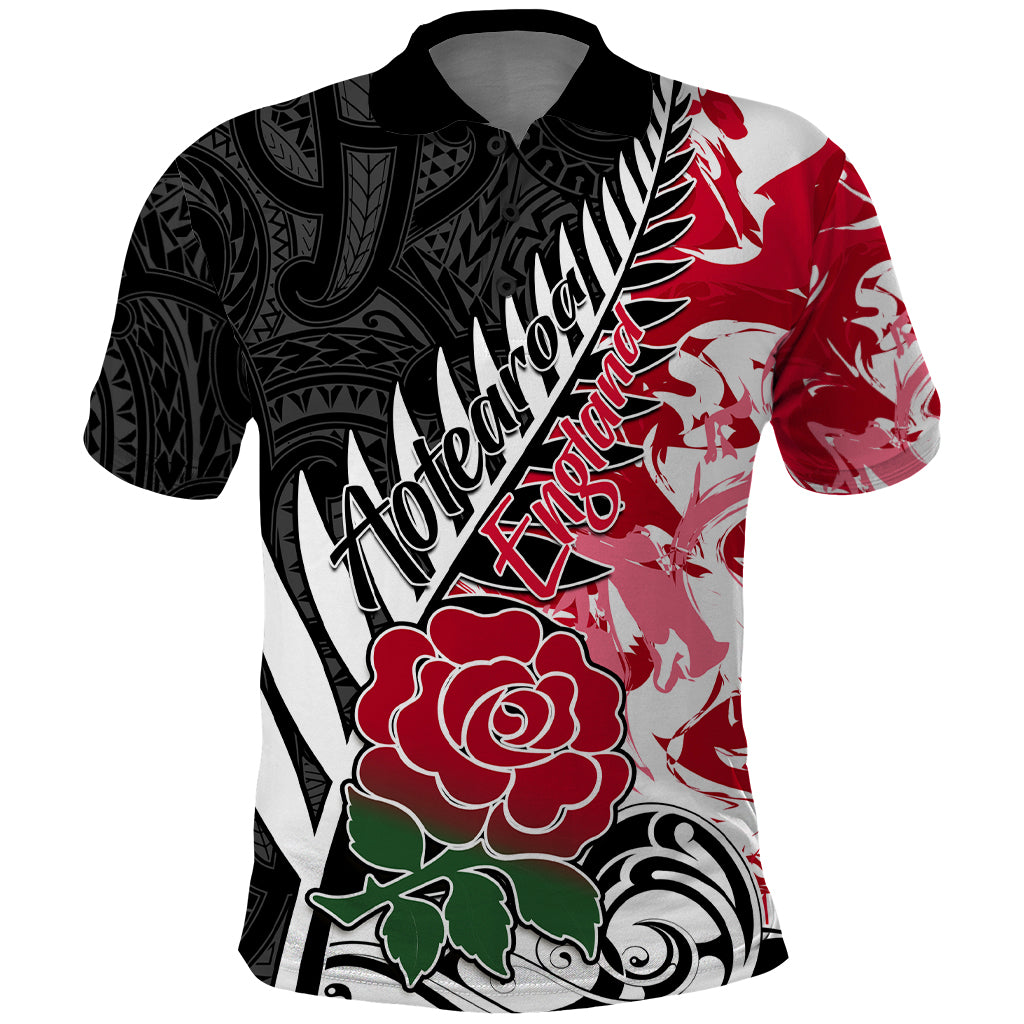 Custom New Zealand and England Rugby Polo Shirt Silver Fern With Red Rose World Cup 2023 LT01 Art - Polynesian Pride