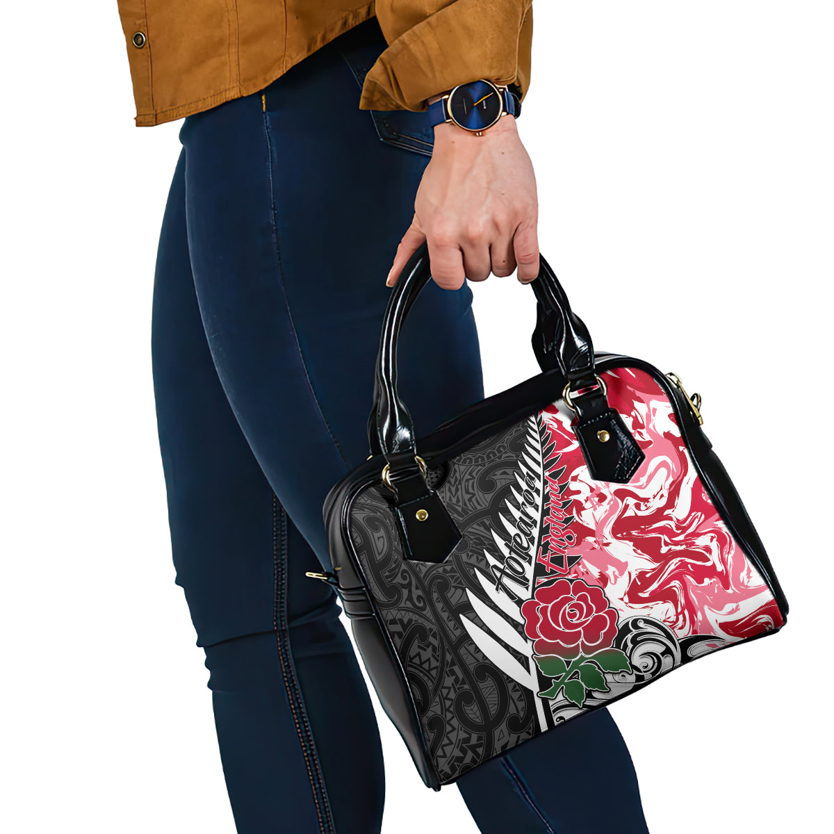 New Zealand and England Rugby Shoulder Handbag Silver Fern With Red Rose World Cup 2023 LT01 - Polynesian Pride