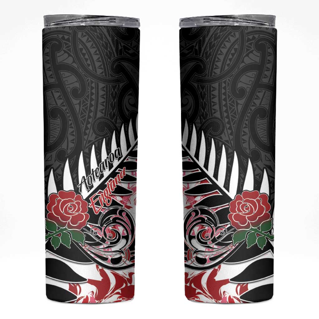 New Zealand and England Rugby Skinny Tumbler Silver Fern With Red Rose LT01 Art - Polynesian Pride