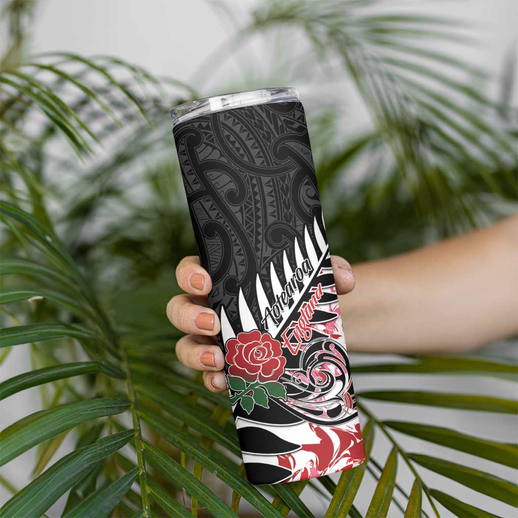 New Zealand and England Rugby Skinny Tumbler Silver Fern With Red Rose LT01 - Polynesian Pride