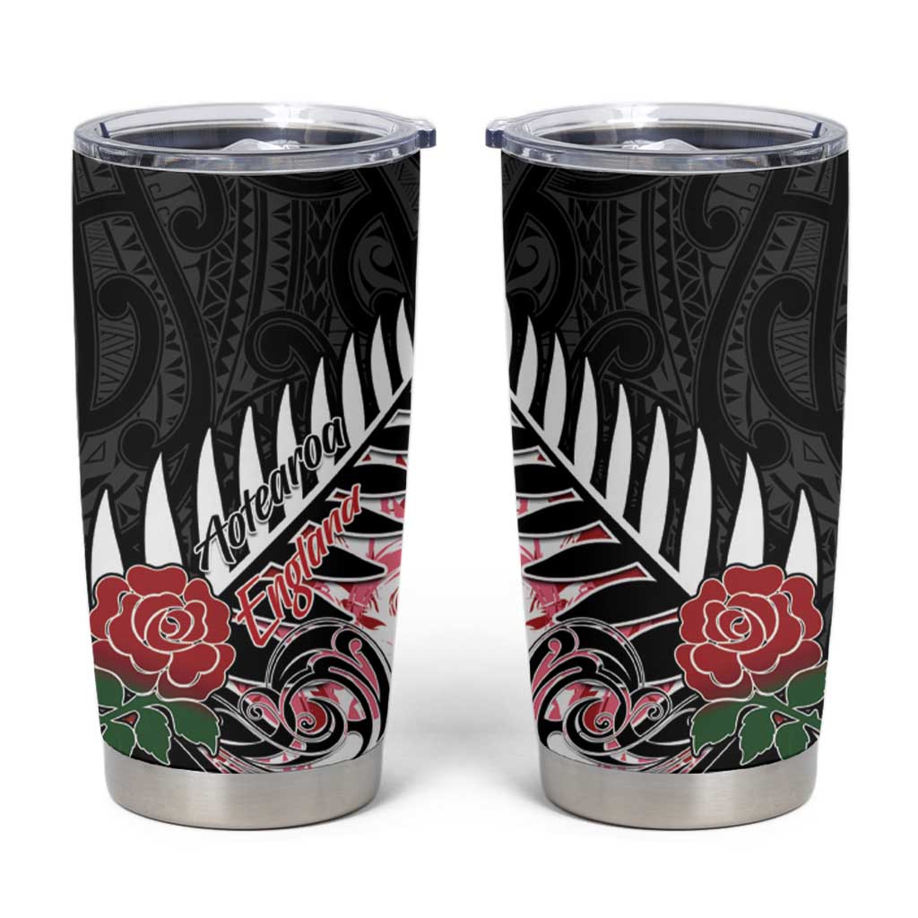 New Zealand and England Rugby Tumbler Cup Silver Fern With Red Rose LT01 Art - Polynesian Pride