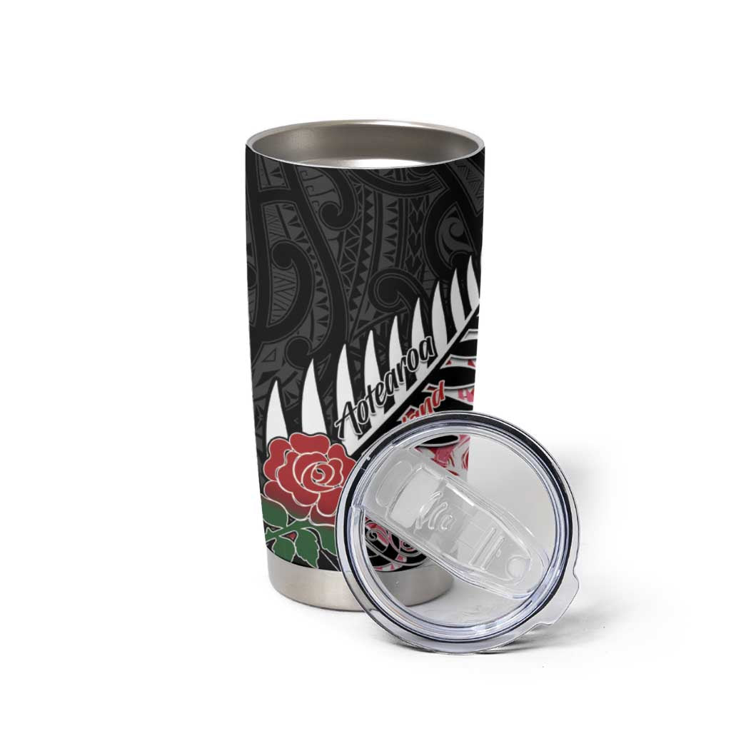 New Zealand and England Rugby Tumbler Cup Silver Fern With Red Rose LT01 - Polynesian Pride