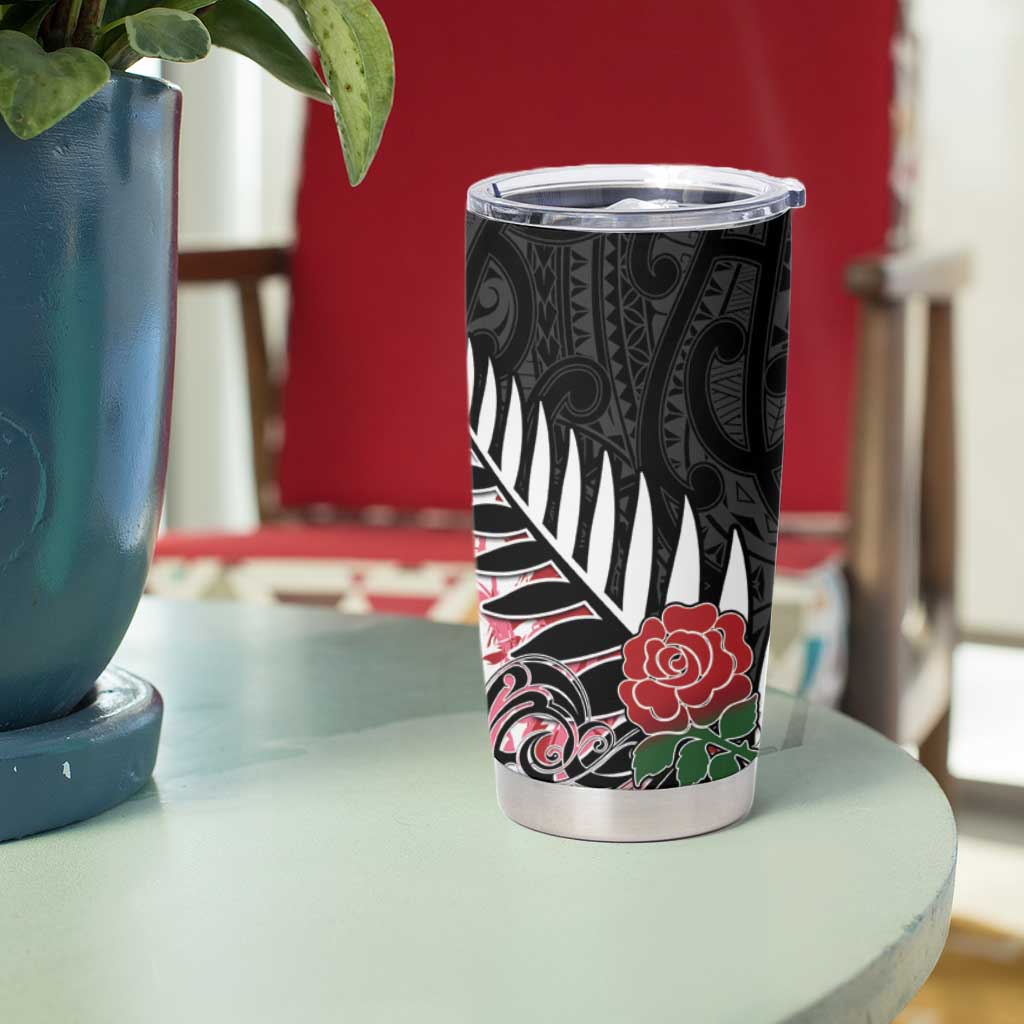 New Zealand and England Rugby Tumbler Cup Silver Fern With Red Rose LT01 - Polynesian Pride