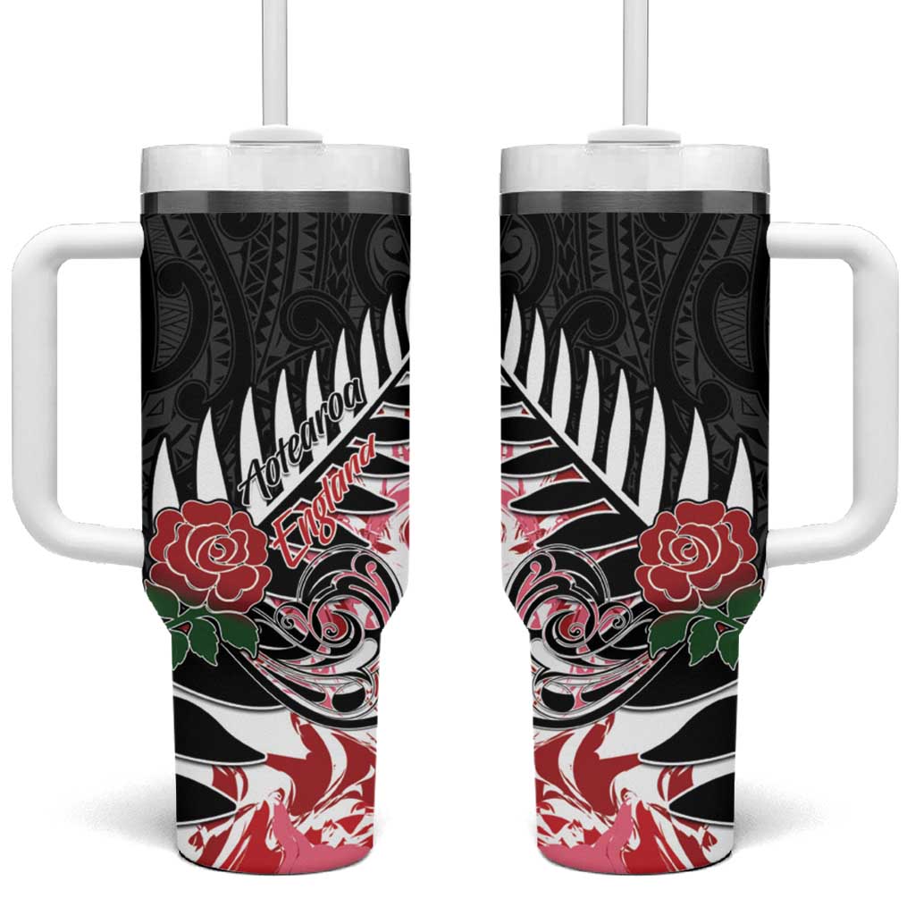 New Zealand and England Rugby Tumbler With Handle Silver Fern With Red Rose LT01 One Size: 40 oz Art - Polynesian Pride