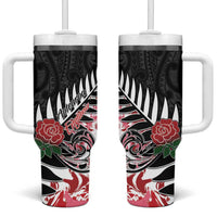 New Zealand and England Rugby Tumbler With Handle Silver Fern With Red Rose LT01 One Size: 40 oz Art - Polynesian Pride