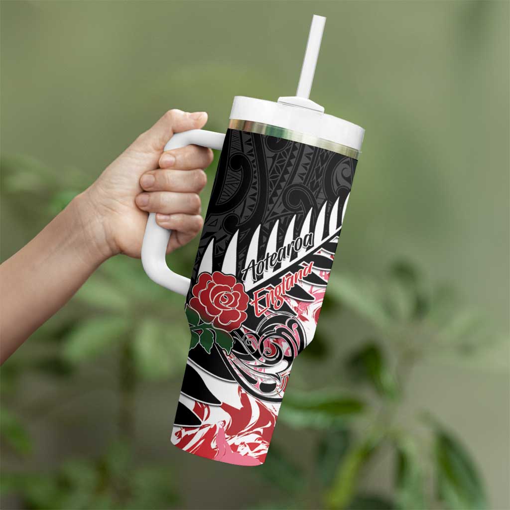 New Zealand and England Rugby Tumbler With Handle Silver Fern With Red Rose LT01 - Polynesian Pride
