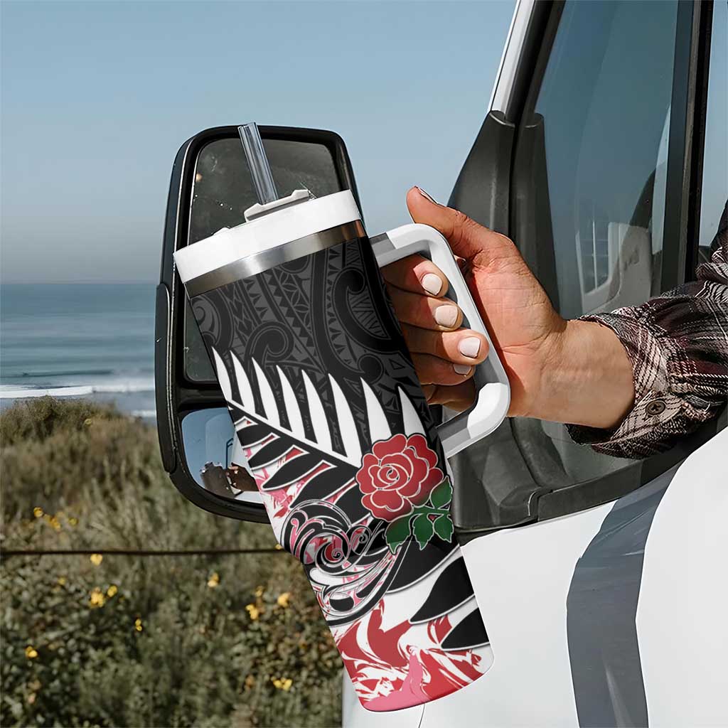 New Zealand and England Rugby Tumbler With Handle Silver Fern With Red Rose LT01 - Polynesian Pride