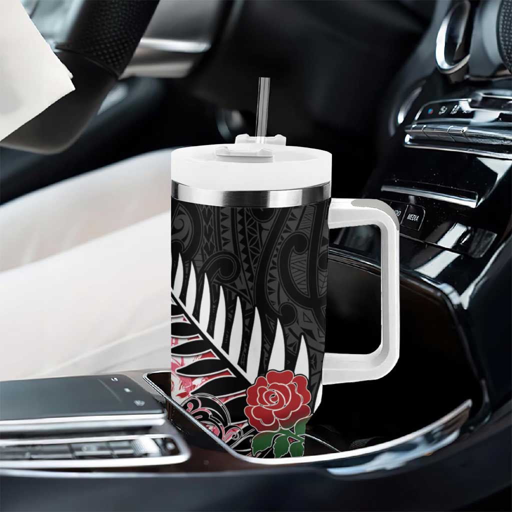 New Zealand and England Rugby Tumbler With Handle Silver Fern With Red Rose LT01 - Polynesian Pride