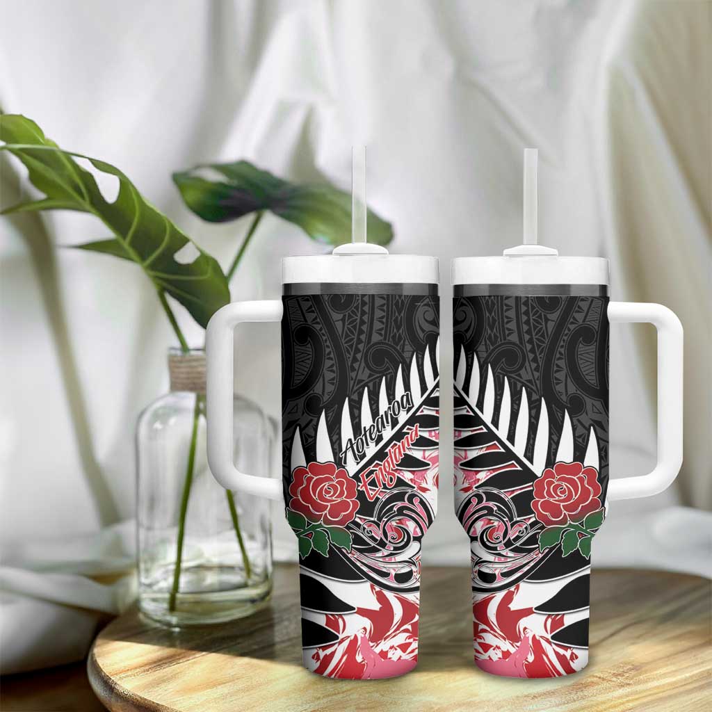 New Zealand and England Rugby Tumbler With Handle Silver Fern With Red Rose LT01 - Polynesian Pride