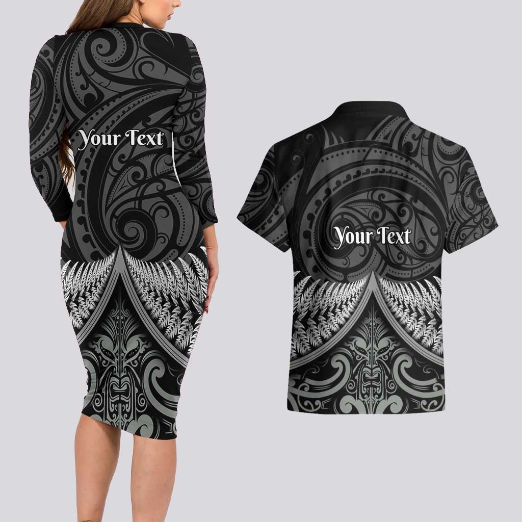 Personalised Toitu Te Tiriti Aotearoa Silver Fern Couples Matching Long Sleeve Bodycon Dress and Hawaiian Shirt New Zealand Maori Pattern LT01 - Polynesian Pride